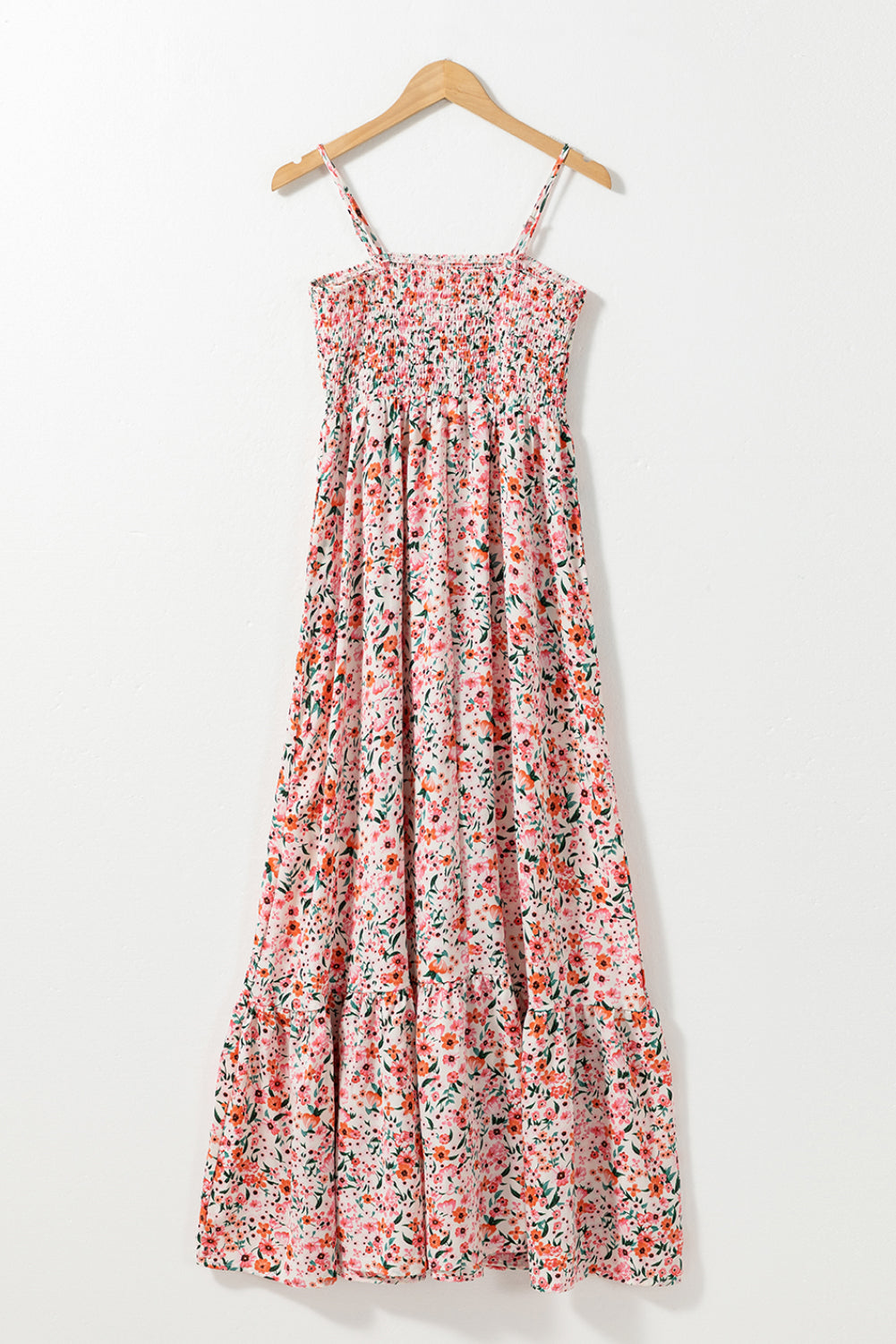 White Boho Floral Self-tie Smocked Ruffle Maxi Dress