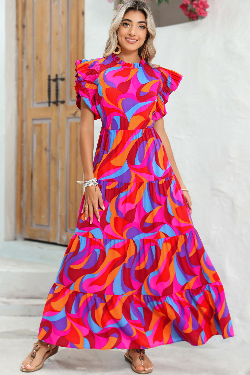 Orange Abstract Print High Waist Ruffle Tiered Maxi Dress