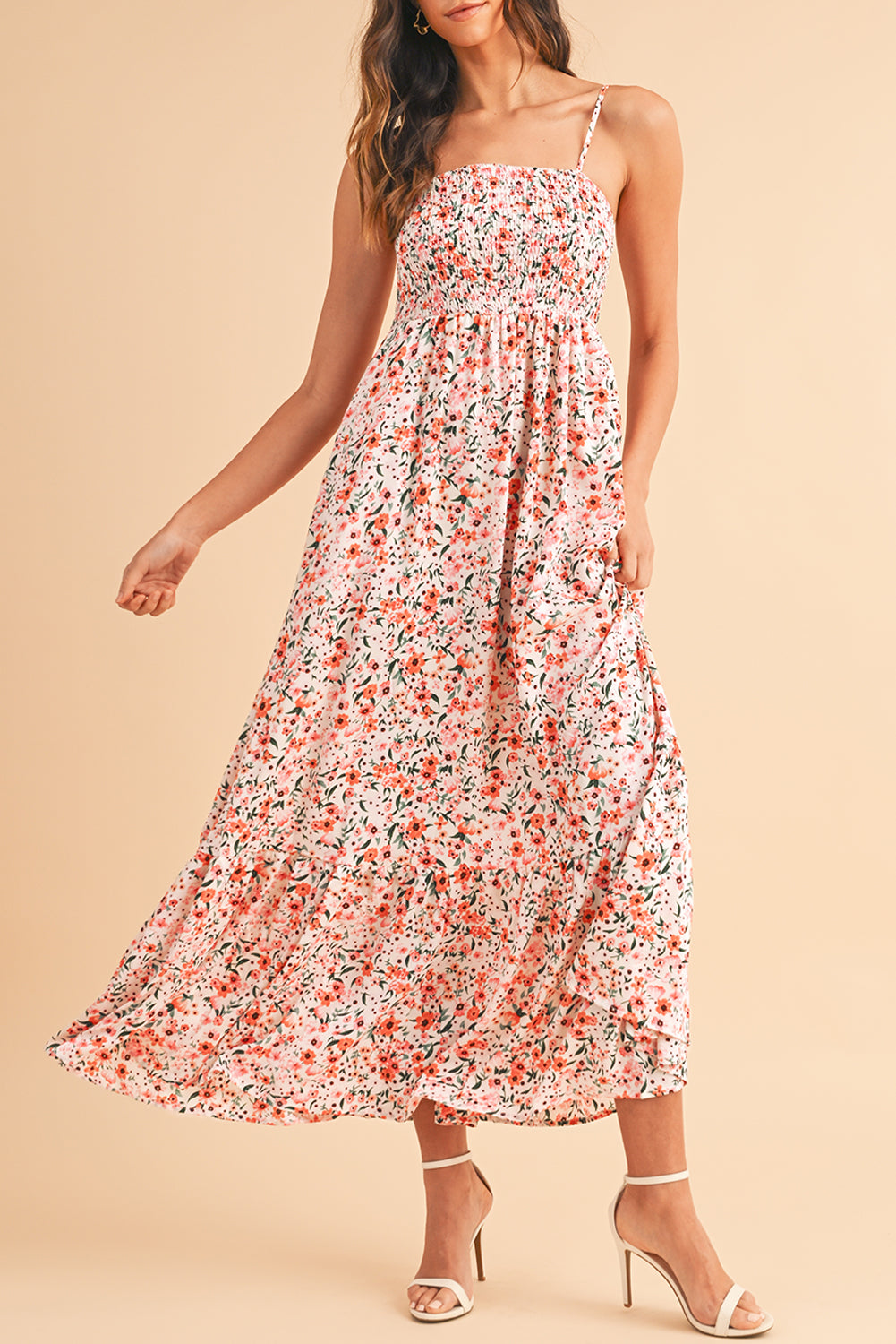 White Boho Floral Self-tie Smocked Ruffle Maxi Dress