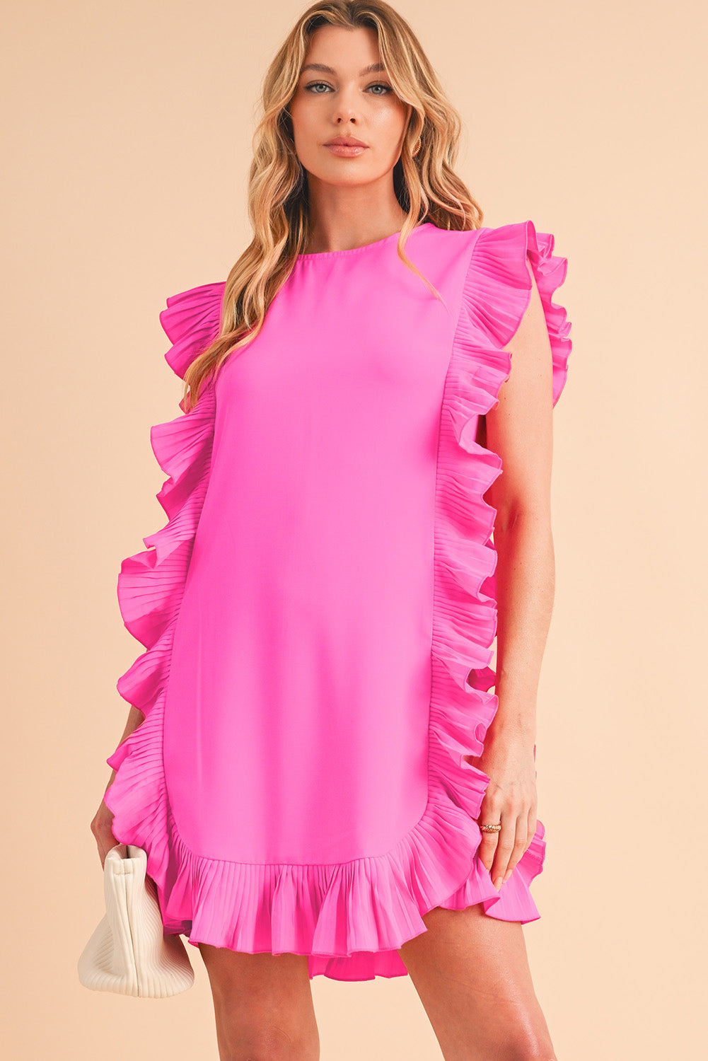 Bright Pink Ruffle Trim Short Sleeve Mini Dress