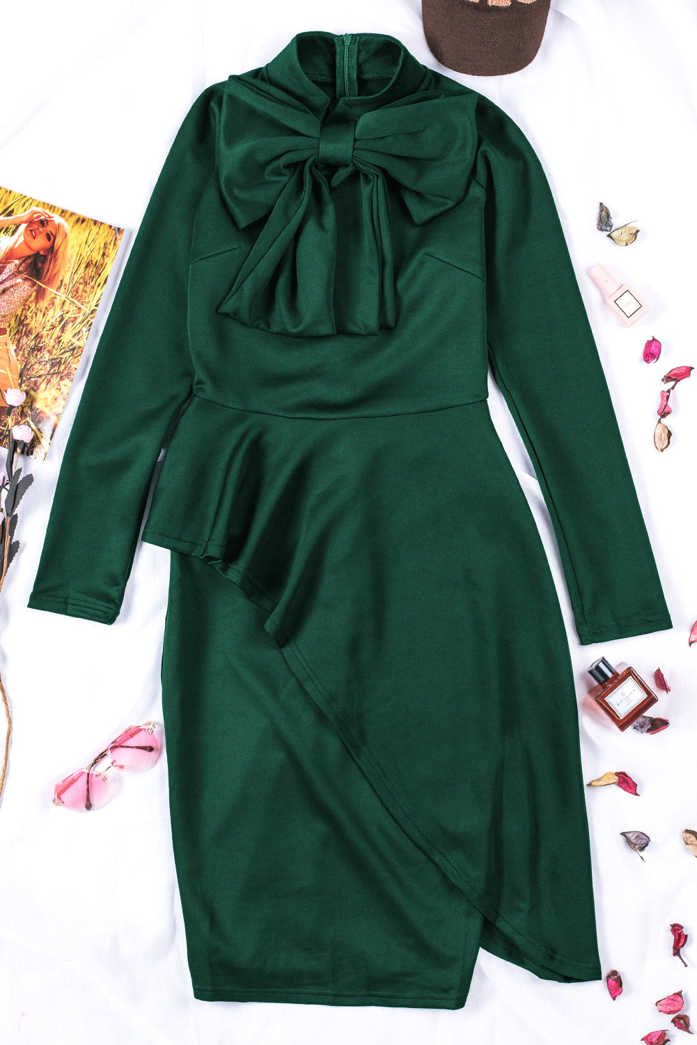 Green Asymmetric Peplum Style Pussy Bow Dress