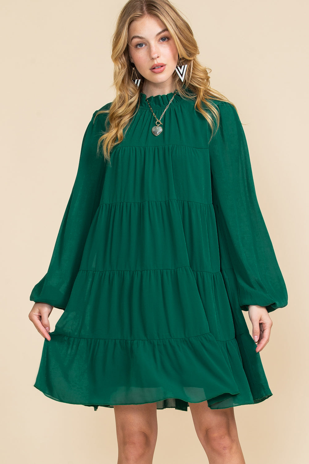 Green Mock Neck Solid Color Pleated Mini Dress