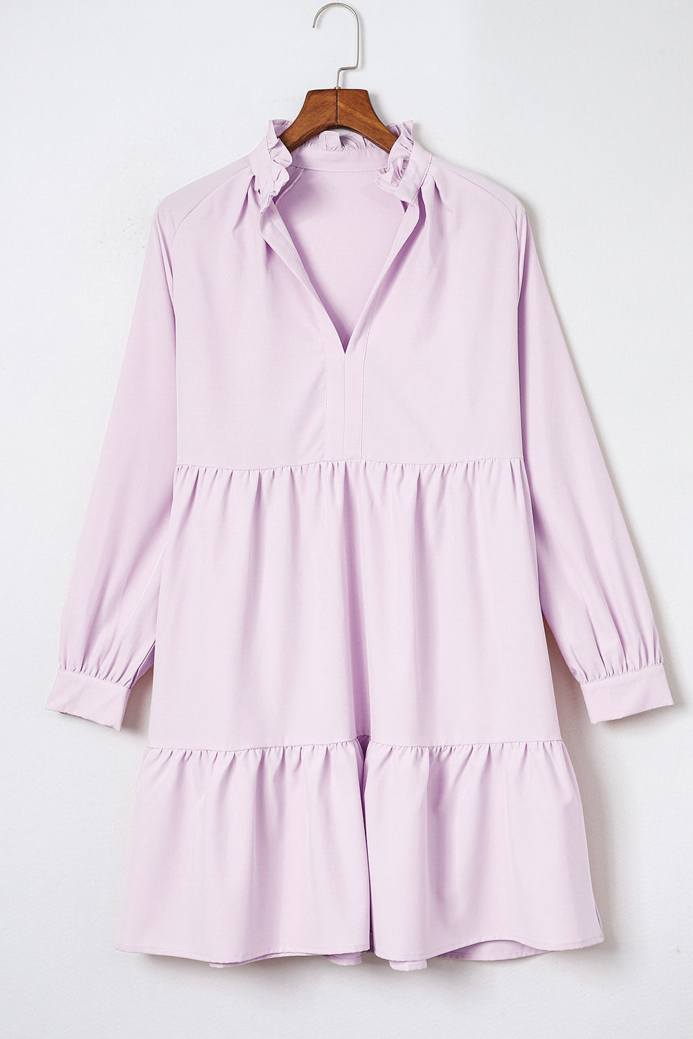 Pink Casual Stand V Neck Short Frill Dress