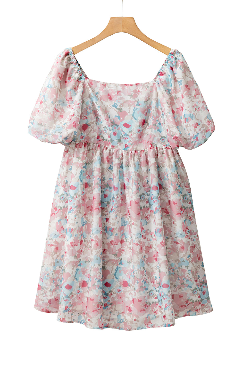 Pink Floral Lantern Sleeve Square Neck Ruffled Mini Dress