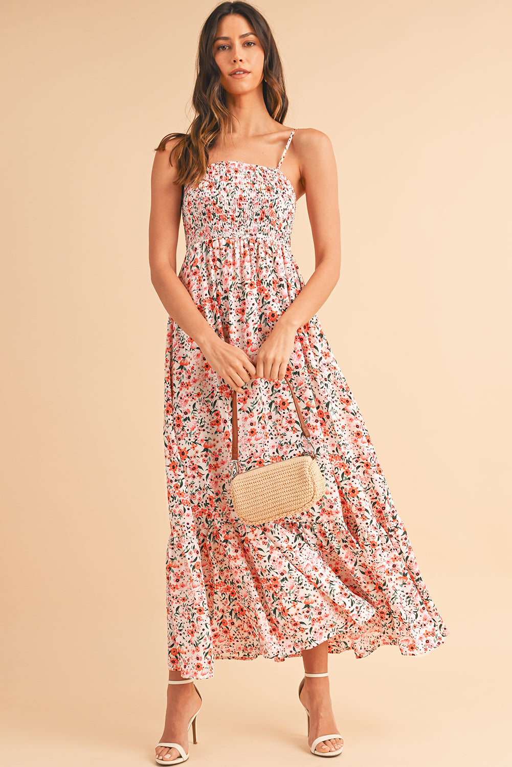 White Boho Floral Self-tie Smocked Ruffle Maxi Dress