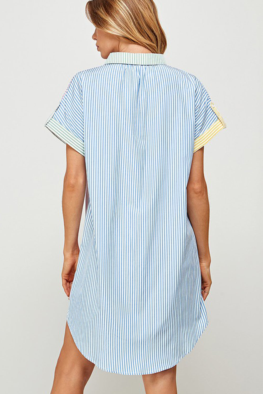 Sky Blue Stripe Colorblock Collared Mini Shirt Dress