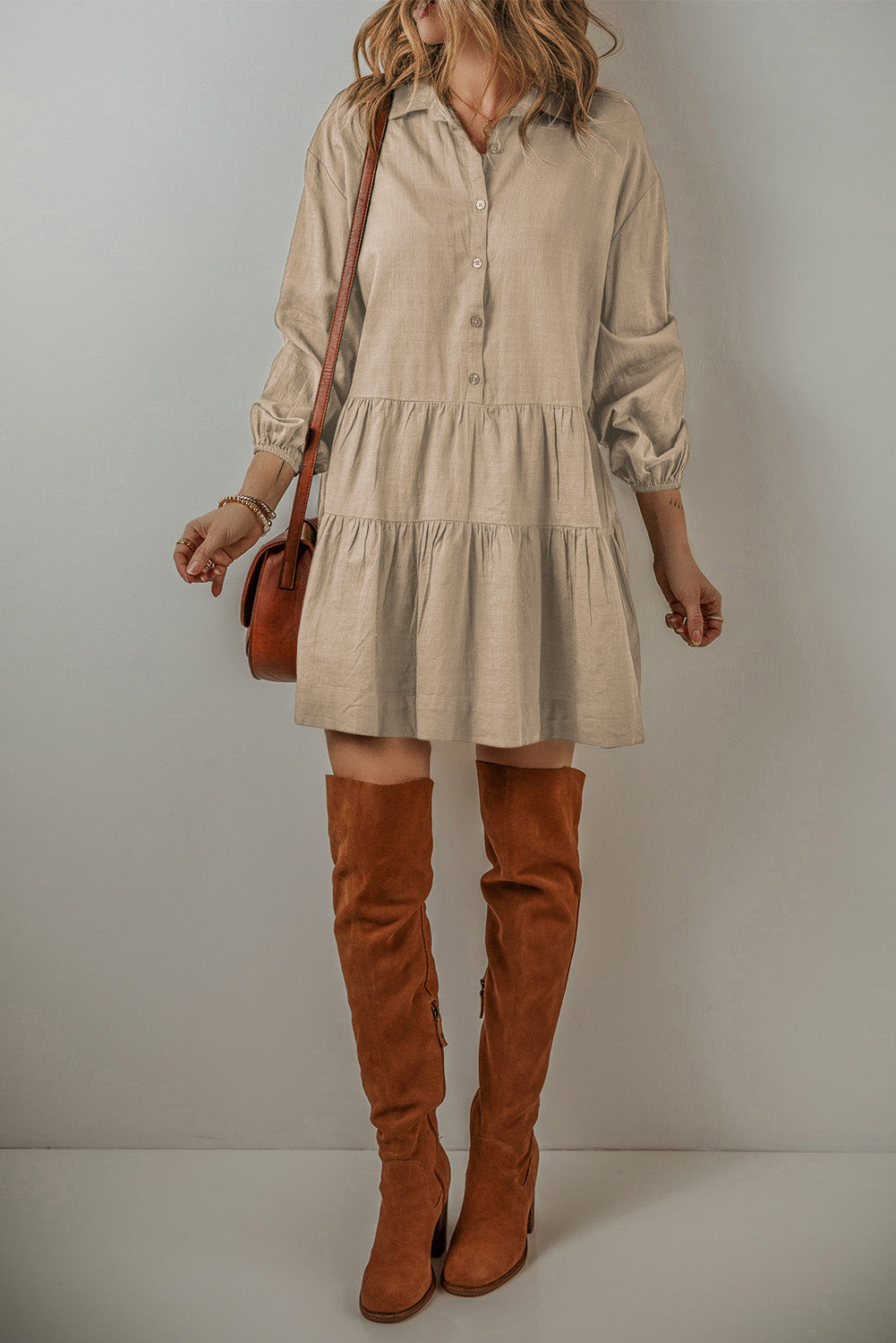 Tan Puff Sleeve Buttoned Tiered Pleated Mini Shirt Dress