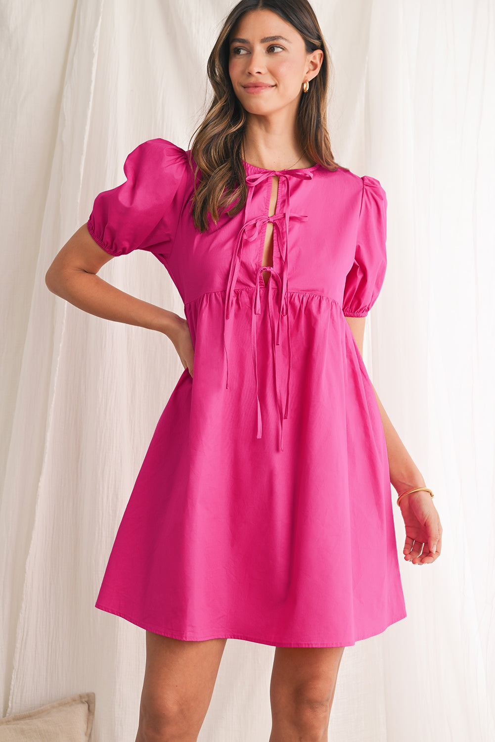 Bright Pink Tie Front Puff Sleeve Mini Dress