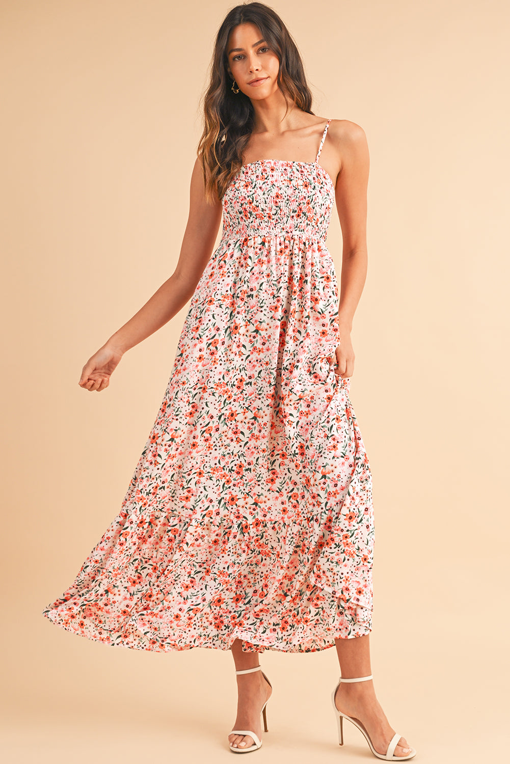 White Boho Floral Self-tie Smocked Ruffle Maxi Dress