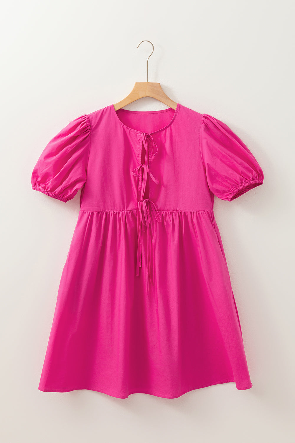 Bright Pink Tie Front Puff Sleeve Mini Dress