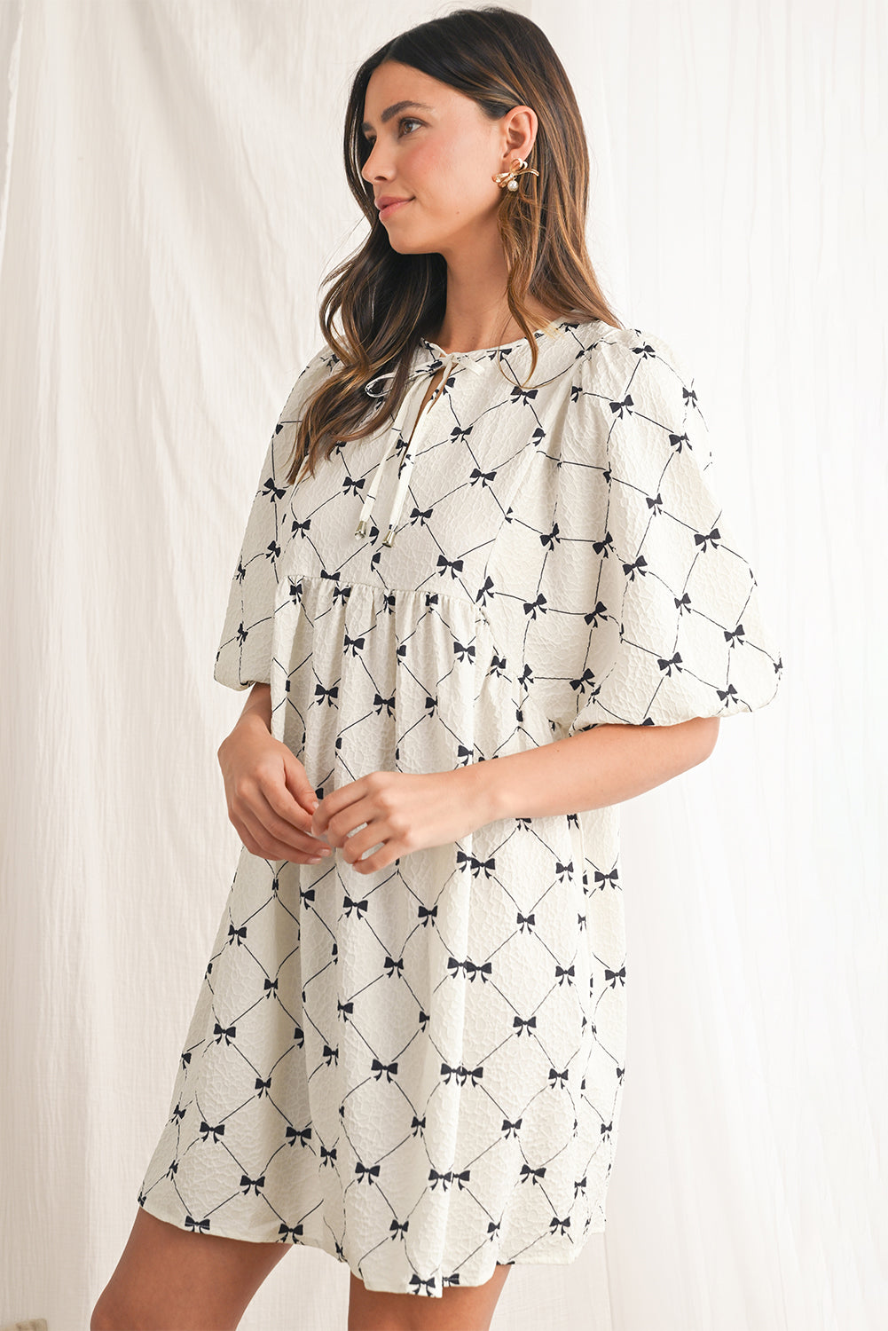 White Sweet Bow Print Lantern Sleeve Mini Dress