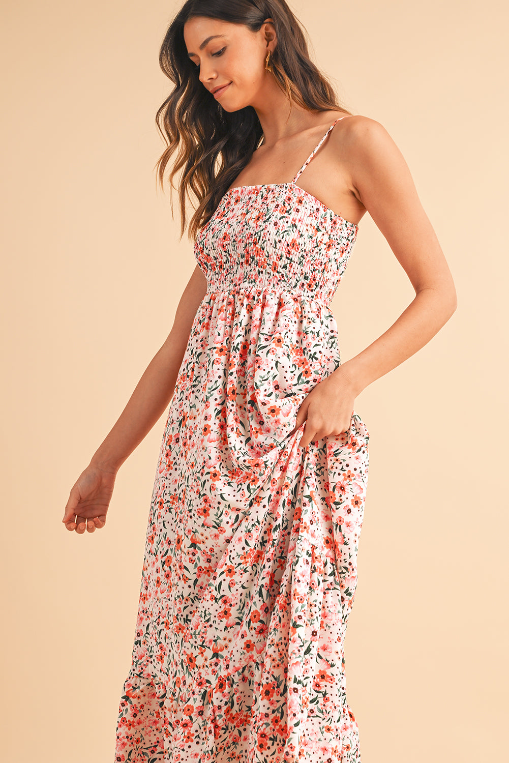 White Boho Floral Self-tie Smocked Ruffle Maxi Dress