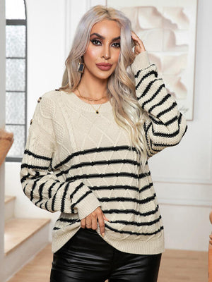 Striped Round Neck Cable-Knit Sweater