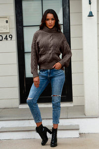 Cable-Knit Turtleneck Long Sleeve Sweate