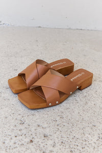 Summer Criss Cross Wooden Clog Mule in Brown