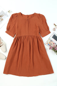 Round Neck Puff Sleeve Dress with Pockets