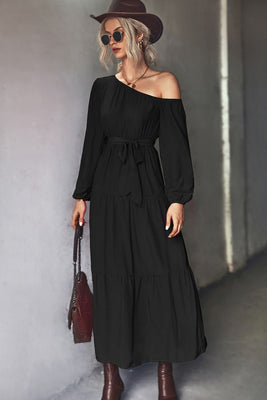 Belted One-Shoulder Tiered Maxi Dress