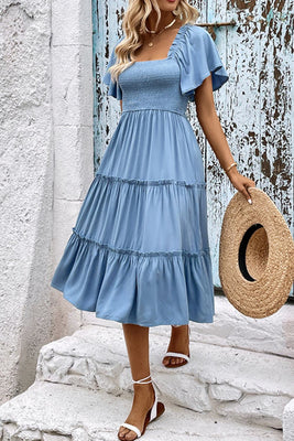 Smocked Square Neck Frill Trim Dress