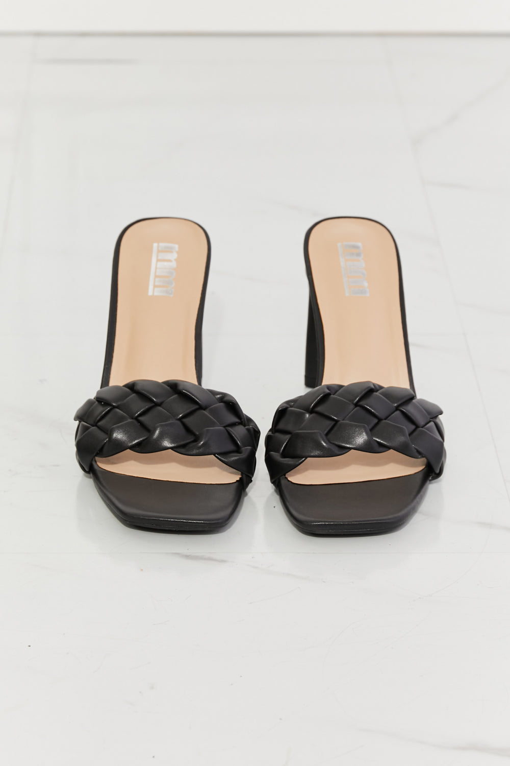 Braided Block Heel Sandals in Black 