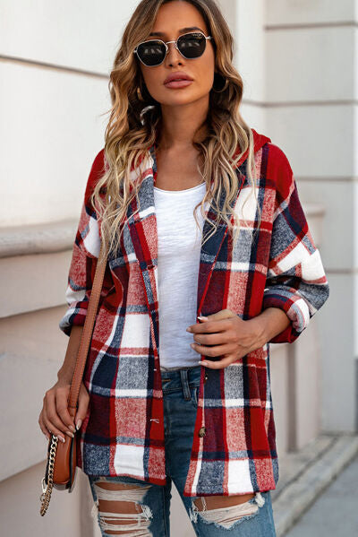 Button-Up Plaid Hooded Jacket 