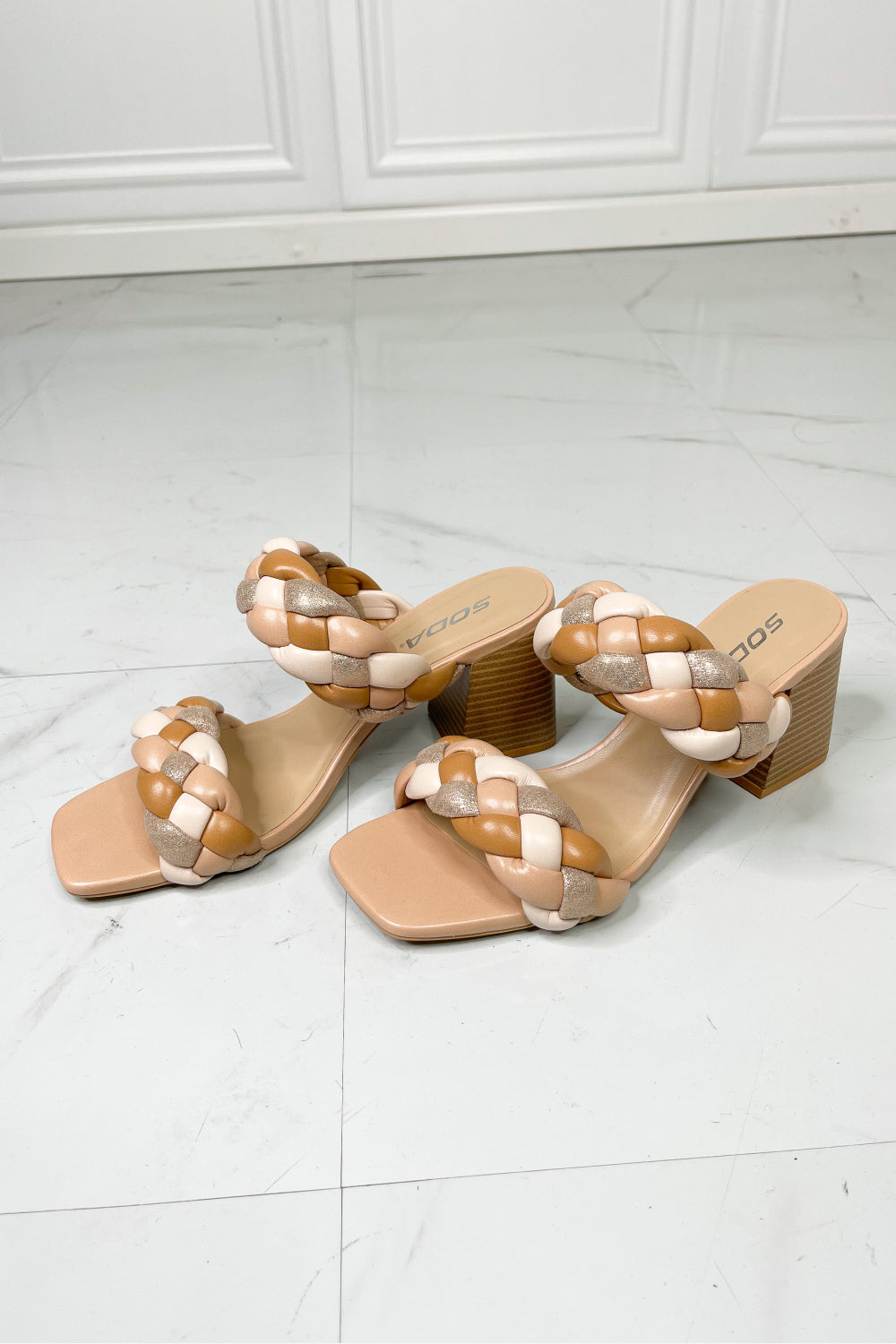 Braided Strap Block Heel Slide Sandal in Nude 