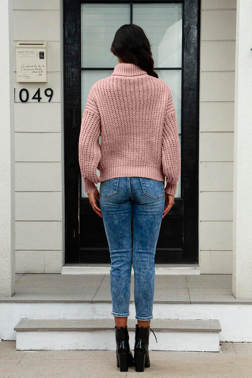 Cable-Knit Turtleneck Long Sleeve Sweate