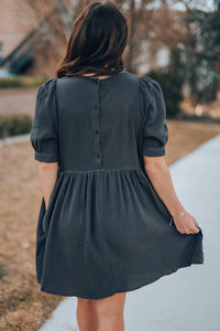 Round Neck Puff Sleeve Dress with Pockets