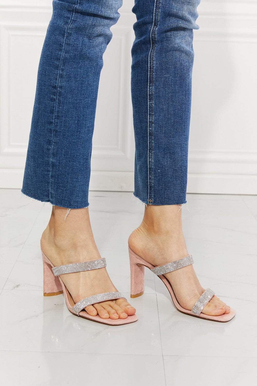 Sparkle Rhinestone Block Heel Sandal in Pink