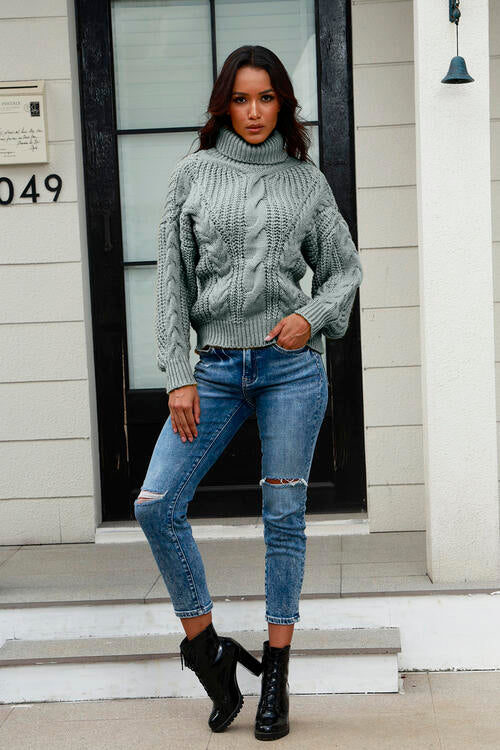 Cable-Knit Turtleneck Long Sleeve Sweate