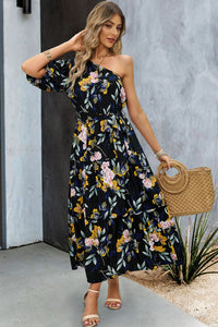 Printed One-Shoulder Tie Belt Maxi Dress