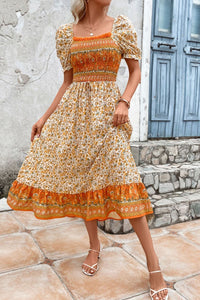 Bohemian Square Neck Puff Sleeve Dress