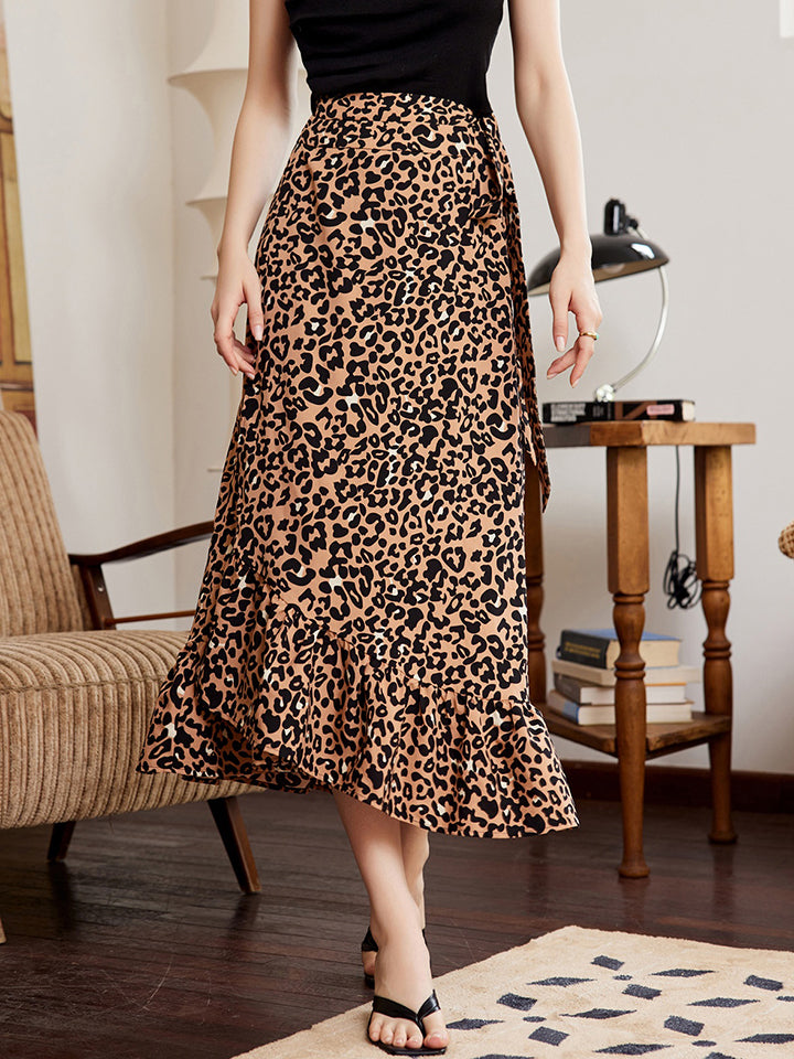 Leopard Ruffle Hem Midi Skirt