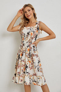 Floral Tie Shoulder Smocked Ruffle Hem Dress