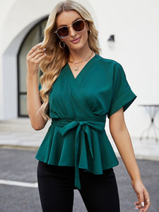 Surplice Neck Short Sleeve Front Tie Ruffle Hem BlouseSurplice Neck Short Sleeve Front Tie Ruffle Hem Blouse