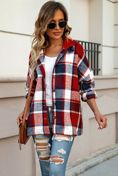 Button-Up Plaid Hooded Jacket 