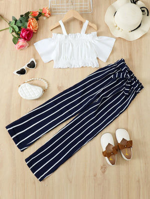 Frill Trim Cropped Top and Striped Pants Set