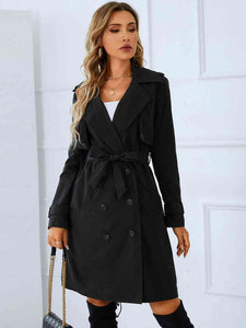 Lapel Collar Tie Belt Double-Breasted Trench Coat 