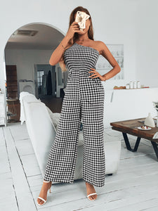 Plaid One-Shoulder Wide Leg Jumpsuit with Pockets