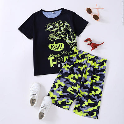 Dinosaur Graphic Tee and Camouflage Shorts Set 