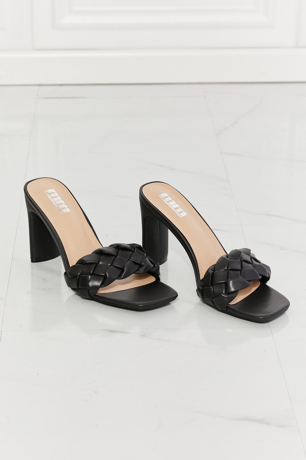 Braided Block Heel Sandals in Black 