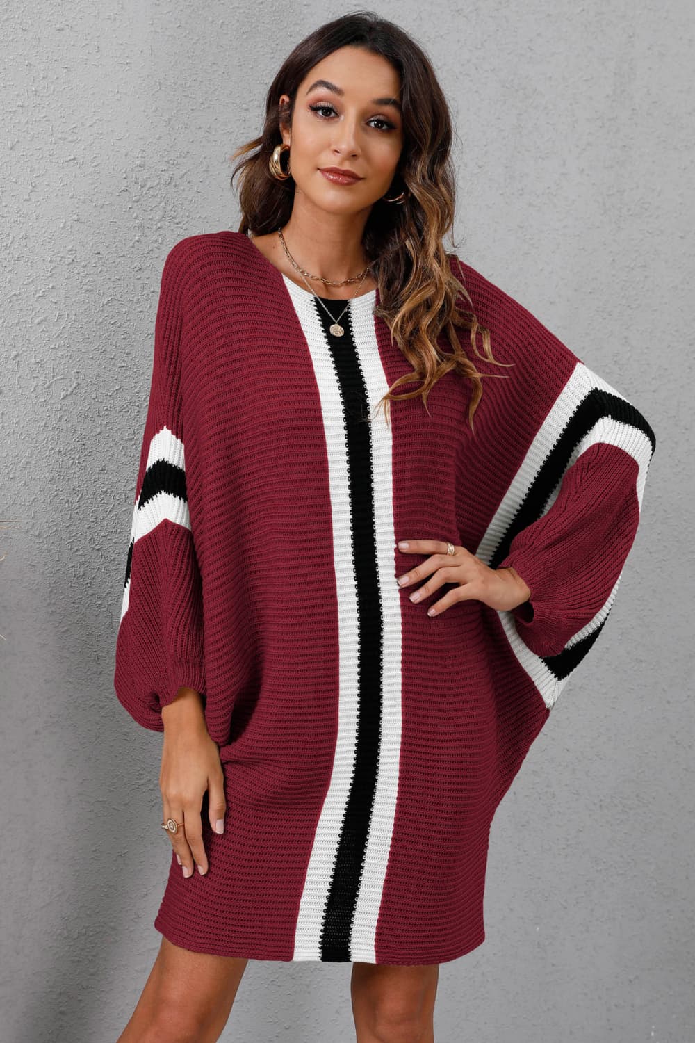 Ribbed Round Neck Long Sleeve Sweater Dress