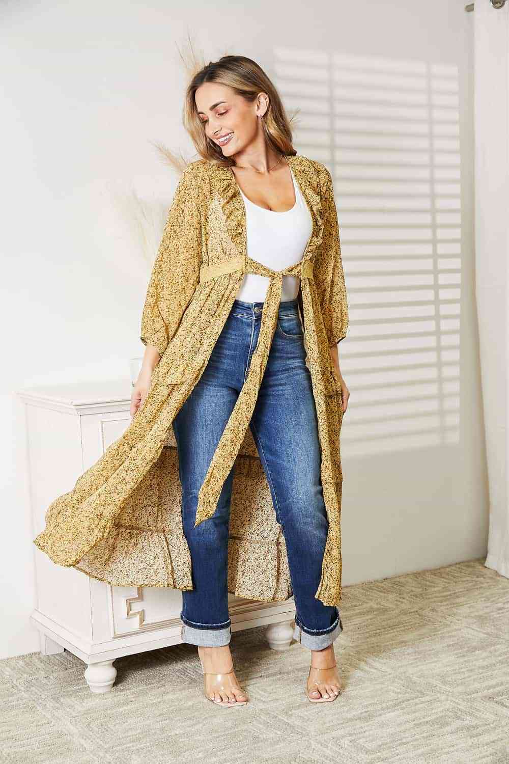 HEYSON Full Size Tie Front Ruffled Duster Cardigan