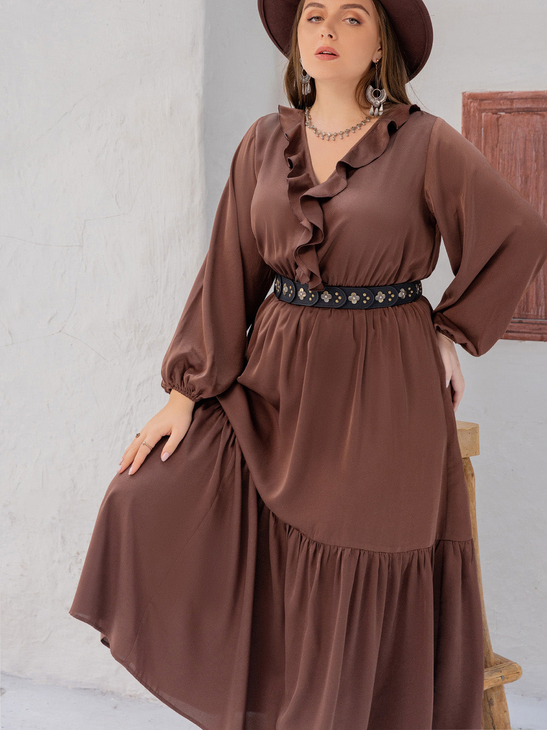 Plus Size V-Neck Ruffle Trim Maxi Dress