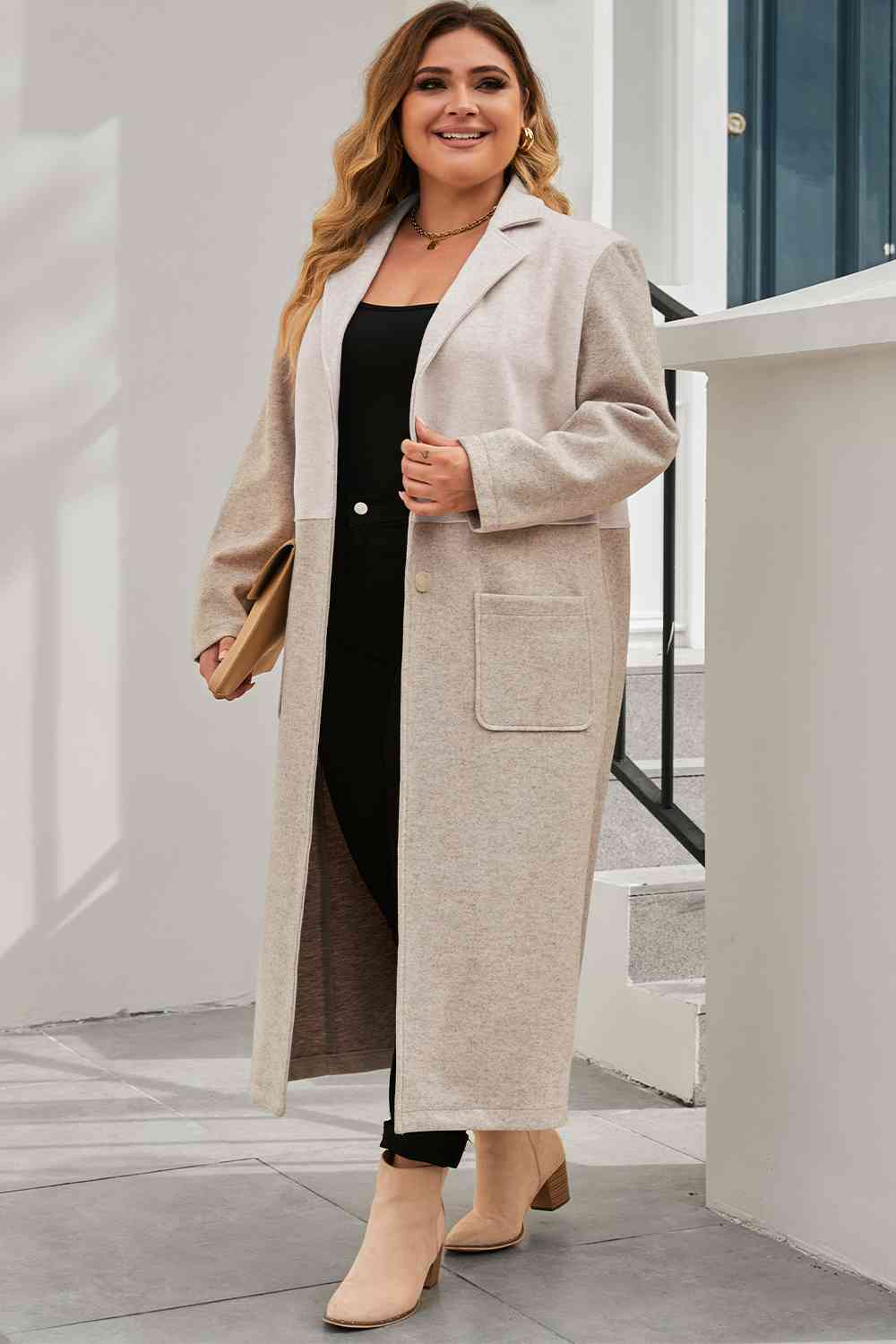 Plus Size Collared Neck Buttoned Longline Coat 