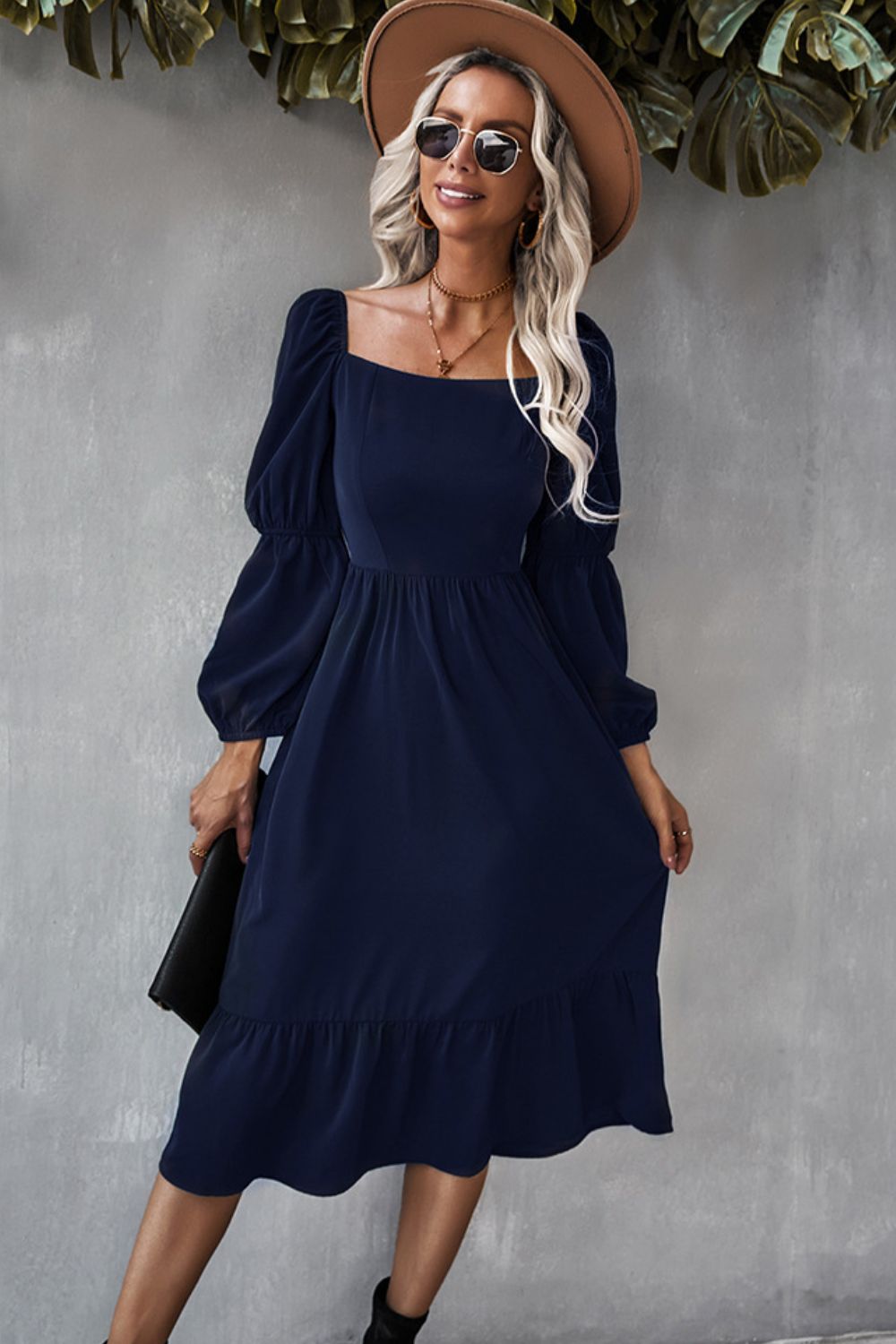 Square Neck Ruffle Hem Long Bubble Sleeve Midi Dress