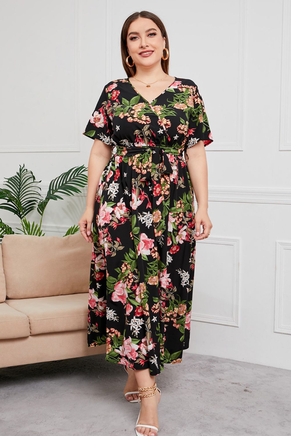 Plus Size Printed Surplice Short Sleeve Maxi Dress