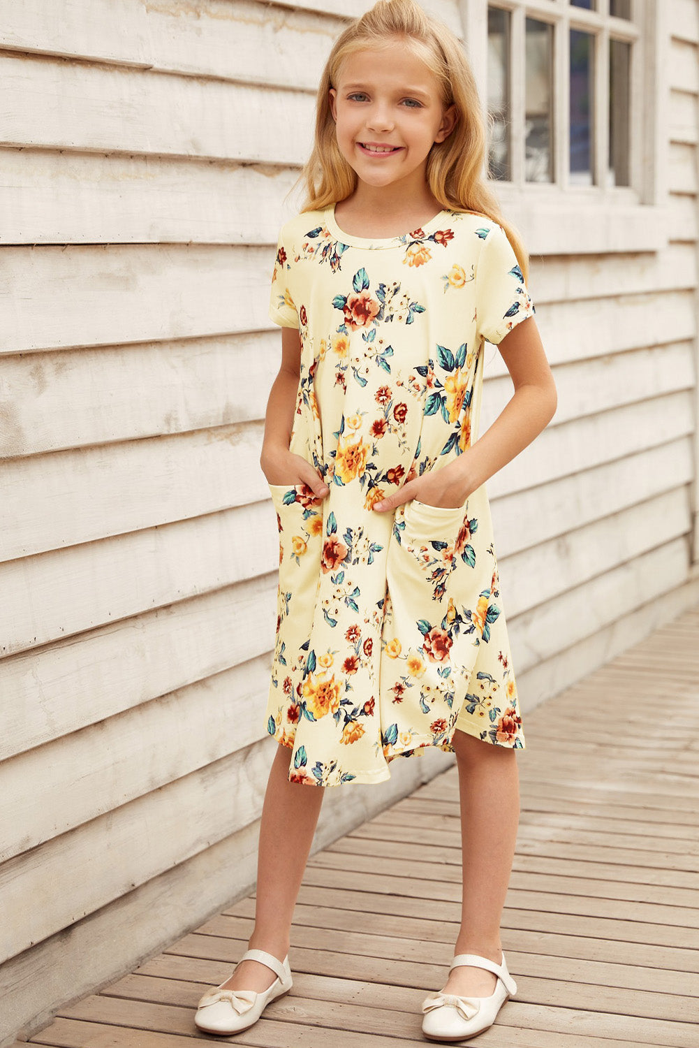 Girls Floral Round Neck Short Sleeve Dress with Pockets