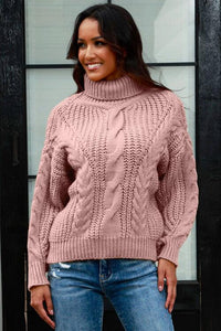 Cable-Knit Turtleneck Long Sleeve Sweate