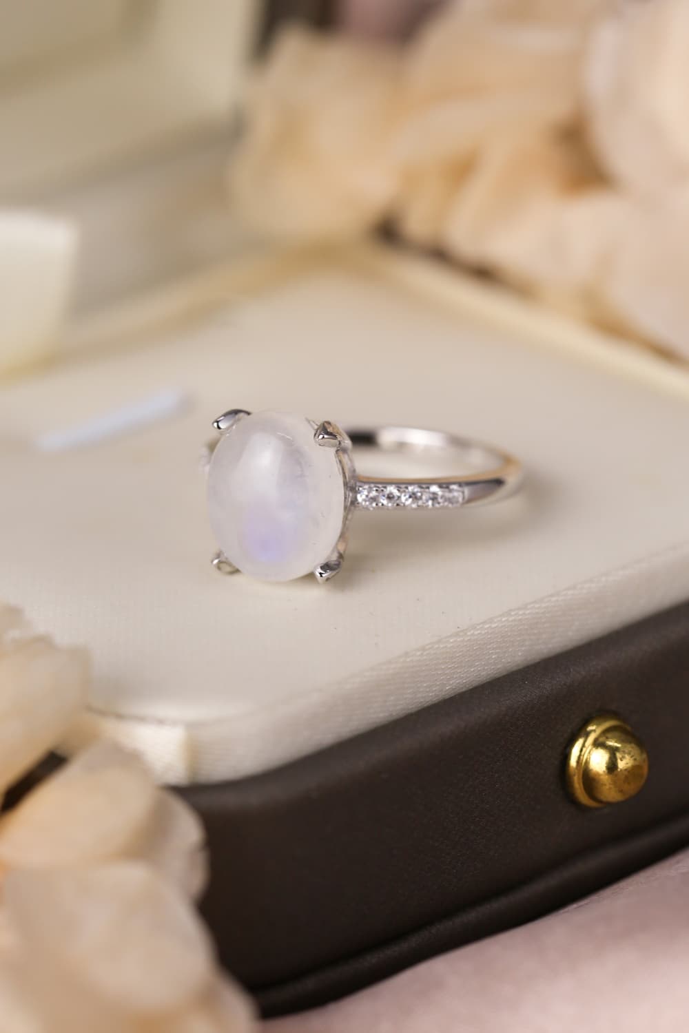 Natural Moonstone 925 Sterling Silver Side Stone Ring