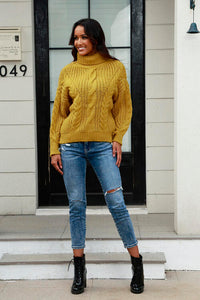 Cable-Knit Turtleneck Long Sleeve Sweate